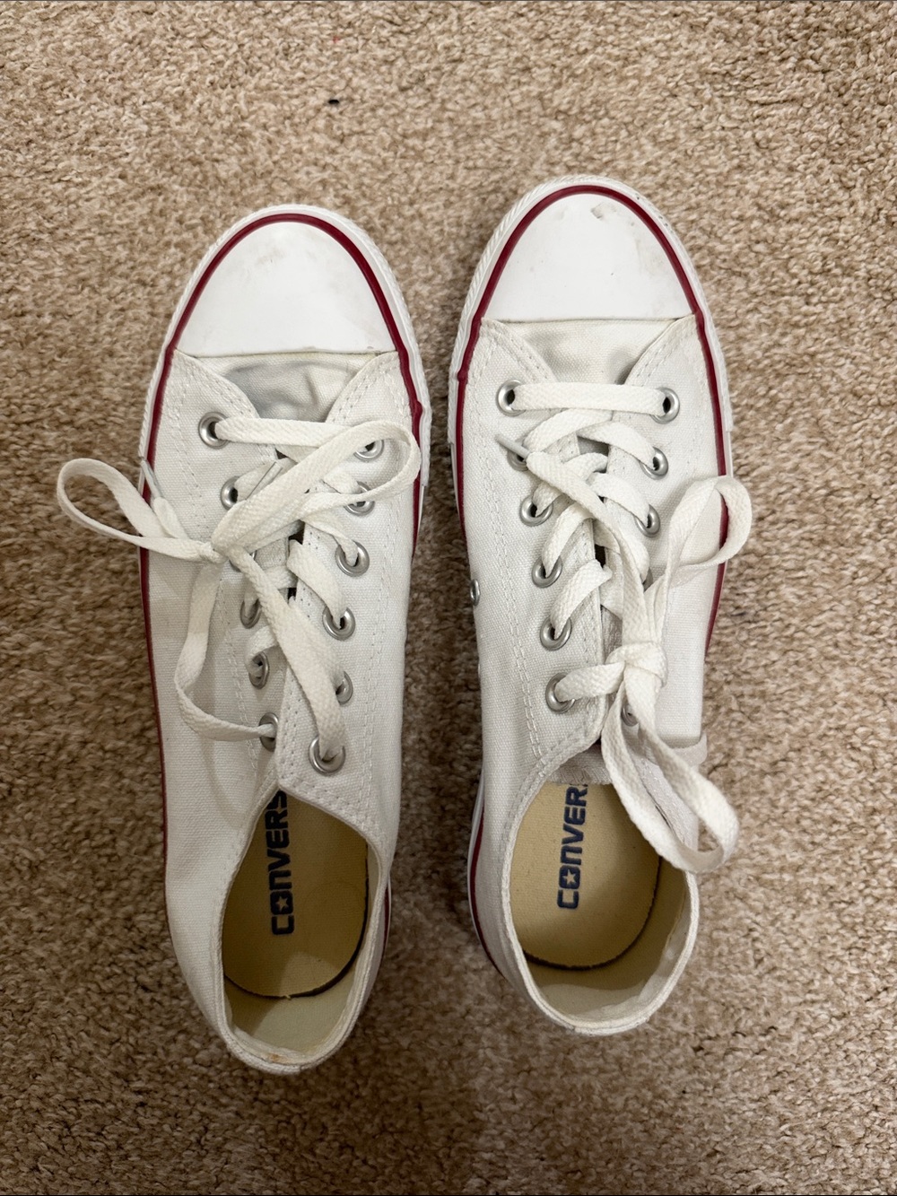 Converse White Low-Top Sneakers with Red Stripe